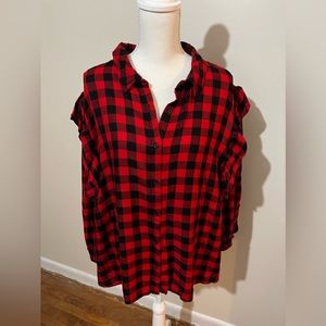 Adorable plus-size buffalo check button-up shirt with ruffles on shoulders